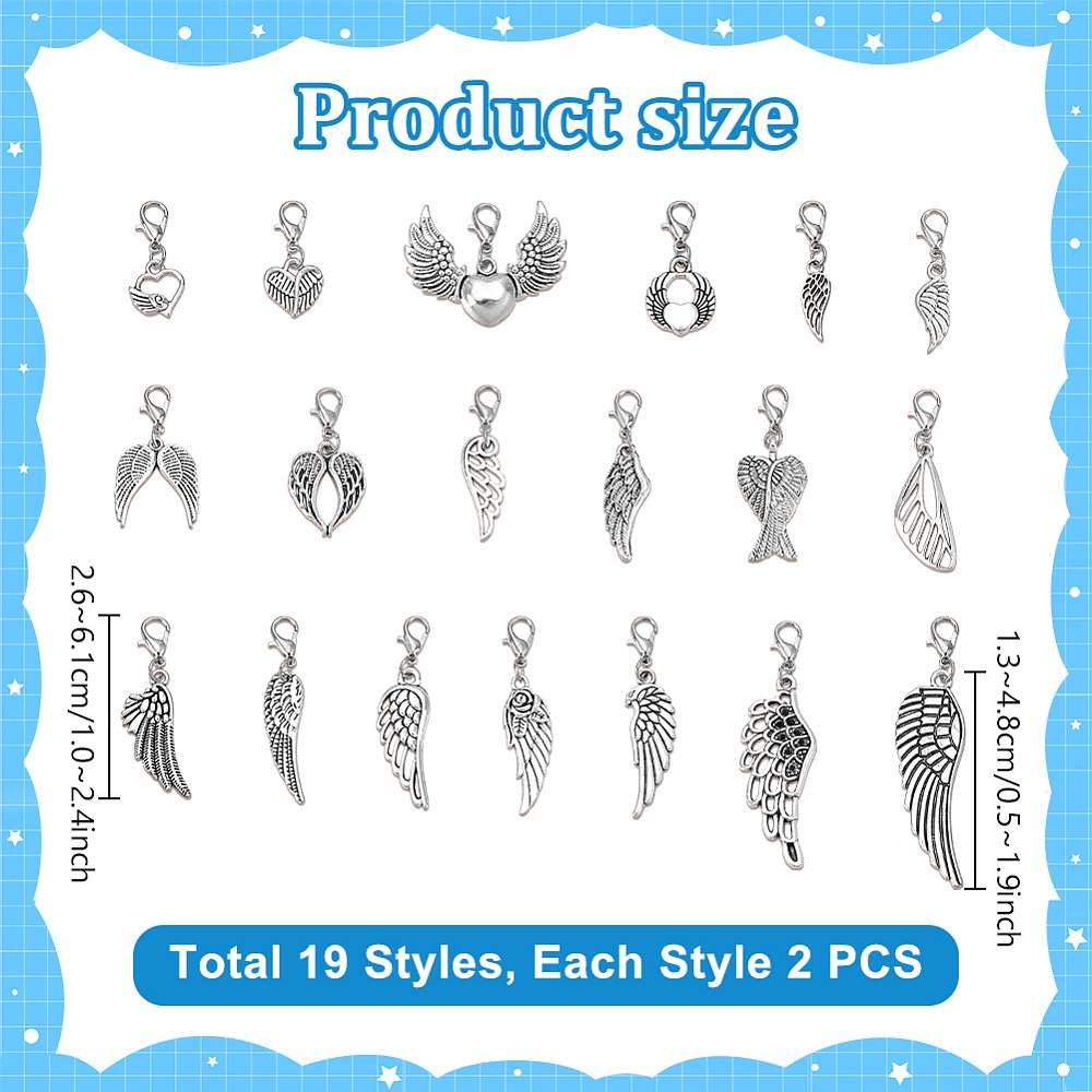Lobster Clasp Silver - 38Pcs 19 Styles Alloy Wing Pendant