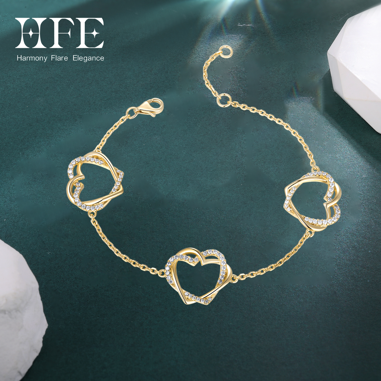 Lobster Clasp Silver - HFE Moissanite Double Hearts Chain Bracelet